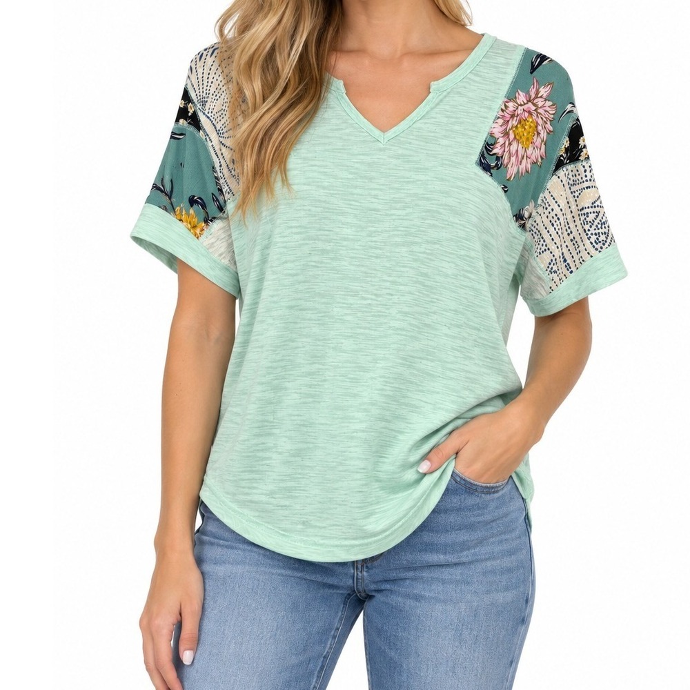 Kori America Patchwork Floral Top Women Size S Green Boho Casual